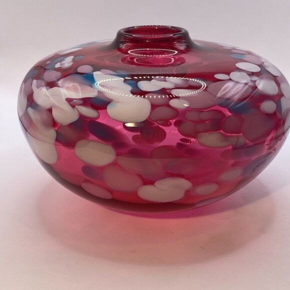 Vintage Douglas Becker Signed Cranberry Art Glass Vase Coin Dot Pattern - Picture 3 of 15